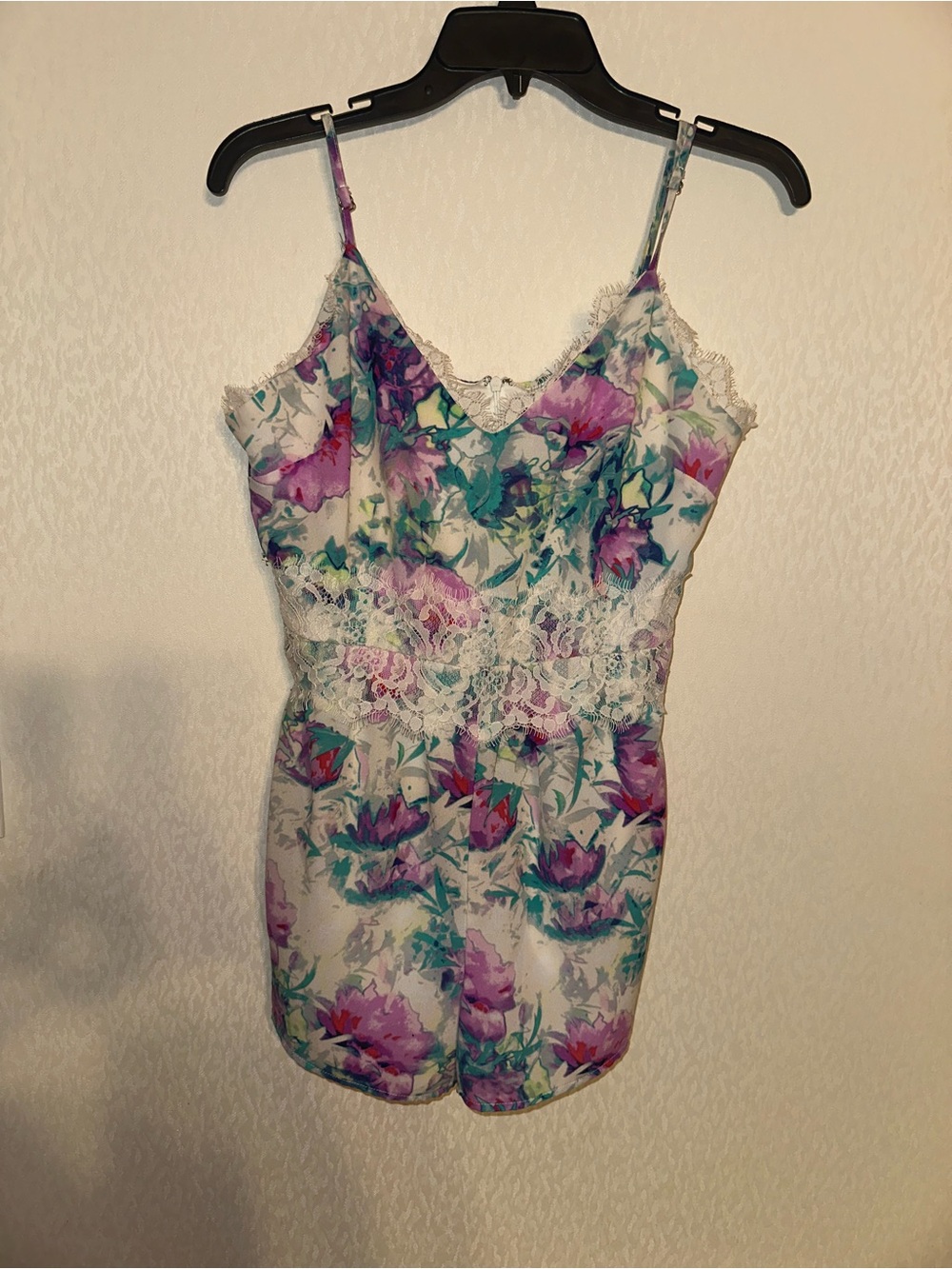 Forever 21 White Floral Lace-Trim Camisole Romper with Purple & Teal Print